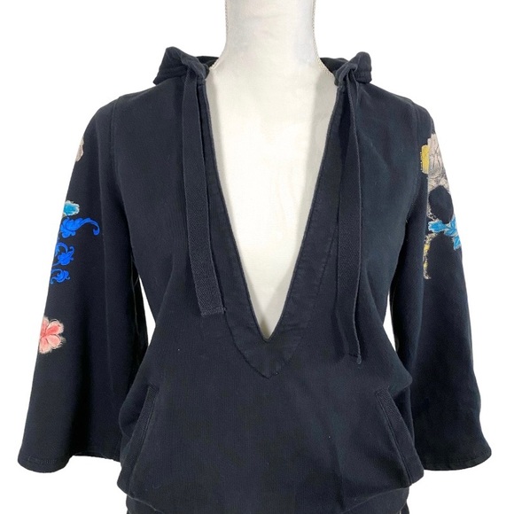 Vintage 90 Y2K Black Lucky Brand Hoodie Sweatshirt Tattoo style floral graphics - Picture 5 of 10